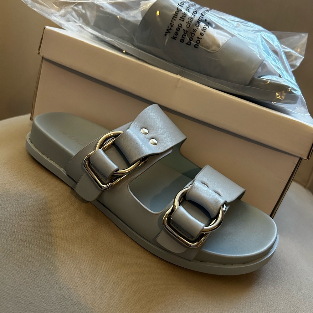 NWT SODA powder blue double strap slide sandals